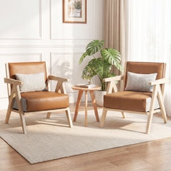 2 Piece Living Room Set, 43 in Faux Leather Loveseat and Armchair on Rubber Wood Frames, Caramel Brown