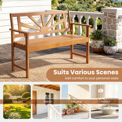 2-Seater Acacia Wood Loveseat Bench with Backrest and Armrests for Patio