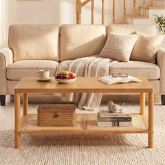 2-Tier Boho Coffee Table for Living Room Rectangular Center Table with Rubber Wood Frame and PVC Rattan Storage Shelf-Rustic Brown