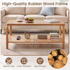 2-Tier Boho Coffee Table for Living Room Rectangular Center Table with Rubber Wood Frame and PVC Rattan Storage Shelf-Rustic Brown