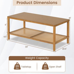 2-Tier Boho Coffee Table for Living Room Rectangular Center Table with Rubber Wood Frame and PVC Rattan Storage Shelf-Rustic Brown