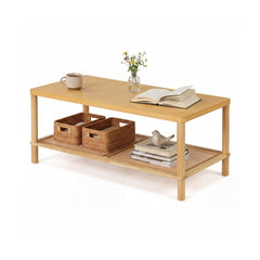 2-Tier Boho Coffee Table for Living Room Rectangular Center Table with Rubber Wood Frame and PVC Rattan Storage Shelf-Natural