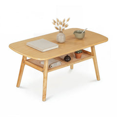 2-Tier Boho Rattan Coffee Table with Rounded Corners-Natural