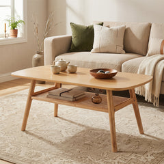 2-Tier Boho Rattan Coffee Table with Rounded Corners-Natural