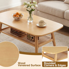 2-Tier Boho Rattan Coffee Table with Rounded Corners-Natural