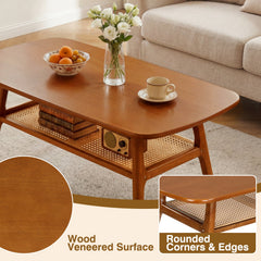 2-Tier Boho Rattan Coffee Table with Rounded Corners-Walnut