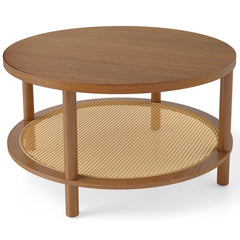 2-Tier Boho Round Rattan Coffee Table with Storage Shelf-Walnut