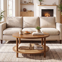 2-Tier Boho Round Rattan Coffee Table with Storage Shelf-Walnut