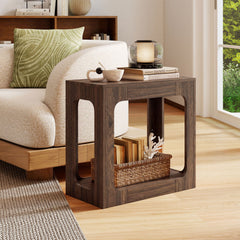 2-Tier End Table with Storage Shelf for Living Room-Walnut
