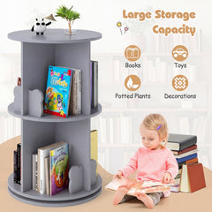 2 Tier Freestanding Kids Rotating Bookshelf Storage Rack with Bear Baffles-Gray