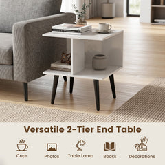 2-Tier Mid Century Modern End Table with 2 Compartments and Metal Legs-White
