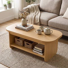 2-Tier Oval Coffee Table for Living Room Mid Century Center Table with Bottom Storage Shelf-Natural