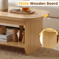 2-Tier Oval Coffee Table for Living Room Mid Century Center Table with Bottom Storage Shelf-Natural