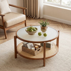 2-Tier Rattan Coffee Table with Frosted Tempered Glass Top and Wood Legs-Walnut