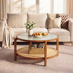 2-Tier Rattan Coffee Table with Frosted Tempered Glass Top and Wood Legs-Walnut