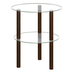 2-Tier Round End Table with Clear Tempered Glass Top and Shelf-Brown