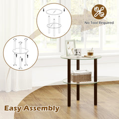 2-Tier Round End Table with Clear Tempered Glass Top and Shelf-Brown