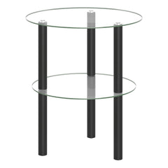 2-Tier Round End Table with Clear Tempered Glass Top and Shelf-Black