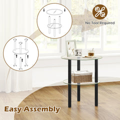 2-Tier Round End Table with Clear Tempered Glass Top and Shelf-Black