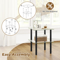 2-Tier Square End Table with Shelf and Clear Tempered Glass Top-Black