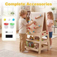 2-in-1 Kids Art Easel with Magnetic Whiteboard and Marble Run Game-Natural