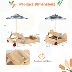 2-in-1 Wooden Sandbox with Foldable Umbrella and Convertible Picnic Table-Blue
