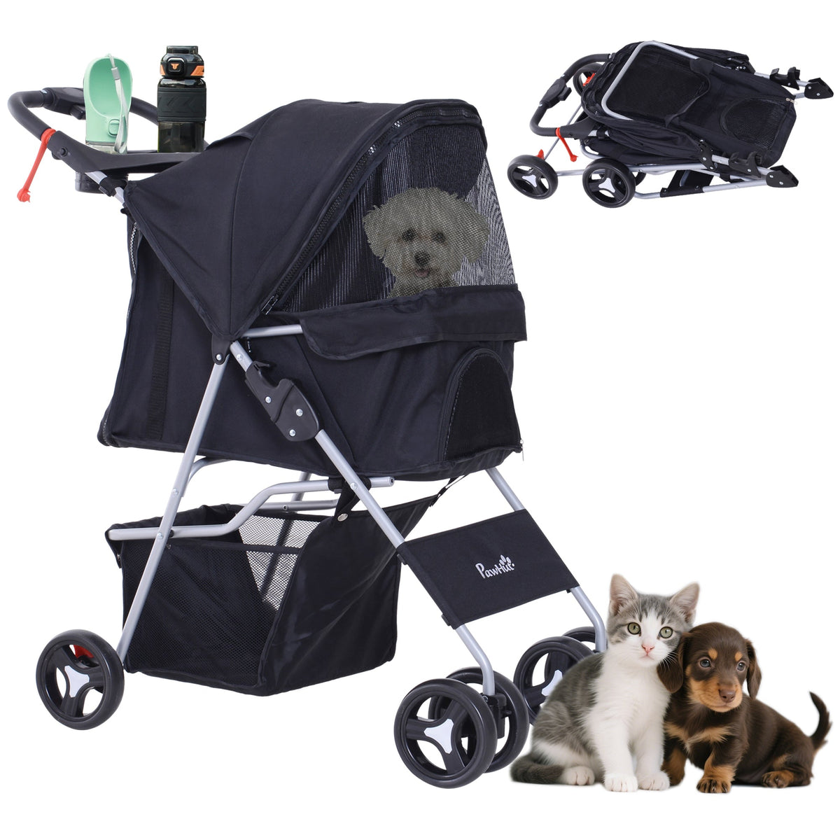Cat Dog Stroller, One-click Foldable Pet Stroller w/Cup Holder, 4 Wheels Travel Carrier w/Brakes, 360° Swiveling Front Wheels, Storage Basket, for XS/Small Dogs Cats, Black