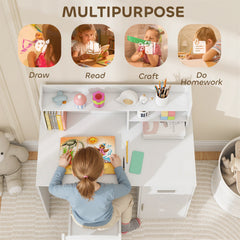 Kids Desk and Chair Set, Kids Study Table and Chair Set with Storage Hutch, Drawer, Cabinet, Compartments, Cork Board