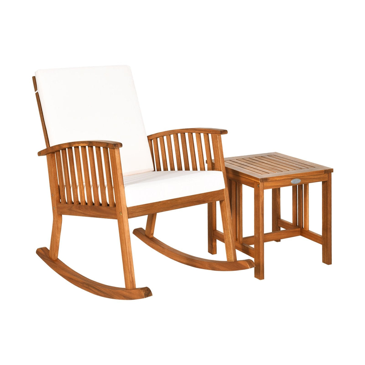 2 Piece Acacia Wood Patio Rocking Chair Set, Teak Finish Rocker Rated 360 lb with 18 in Square Side Table and Cream Cushions
