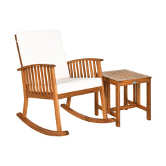 2 Piece Acacia Wood Patio Rocking Chair Set, Teak Finish Rocker Rated 360 lb with 18 in Square Side Table and Cream Cushions