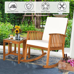 2 Piece Acacia Wood Patio Rocking Chair Set, Teak Finish Rocker Rated 360 lb with 18 in Square Side Table and Cream Cushions