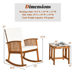 2 Piece Acacia Wood Patio Rocking Chair Set, Teak Finish Rocker Rated 360 lb with 18 in Square Side Table and Cream Cushions