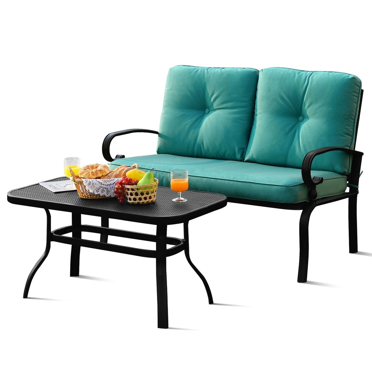 2 Piece Patio Loveseat and Coffee Table Set, 47 in Steel Bench Rated 550 lb with 4 in Turquoise Olefin Cushions and Mesh Top Table