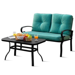 2 Piece Patio Loveseat and Coffee Table Set, 47 in Steel Bench Rated 550 lb with 4 in Turquoise Olefin Cushions and Mesh Top Table