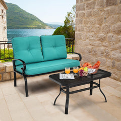 2 Piece Patio Loveseat and Coffee Table Set, 47 in Steel Bench Rated 550 lb with 4 in Turquoise Olefin Cushions and Mesh Top Table