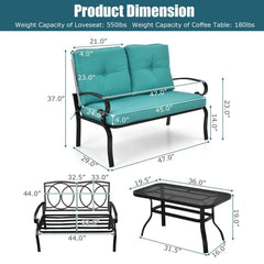 2 Piece Patio Loveseat and Coffee Table Set, 47 in Steel Bench Rated 550 lb with 4 in Turquoise Olefin Cushions and Mesh Top Table