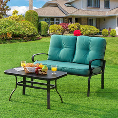 2 Piece Patio Loveseat and Coffee Table Set, 47 in Steel Bench Rated 550 lb with 4 in Turquoise Olefin Cushions and Mesh Top Table