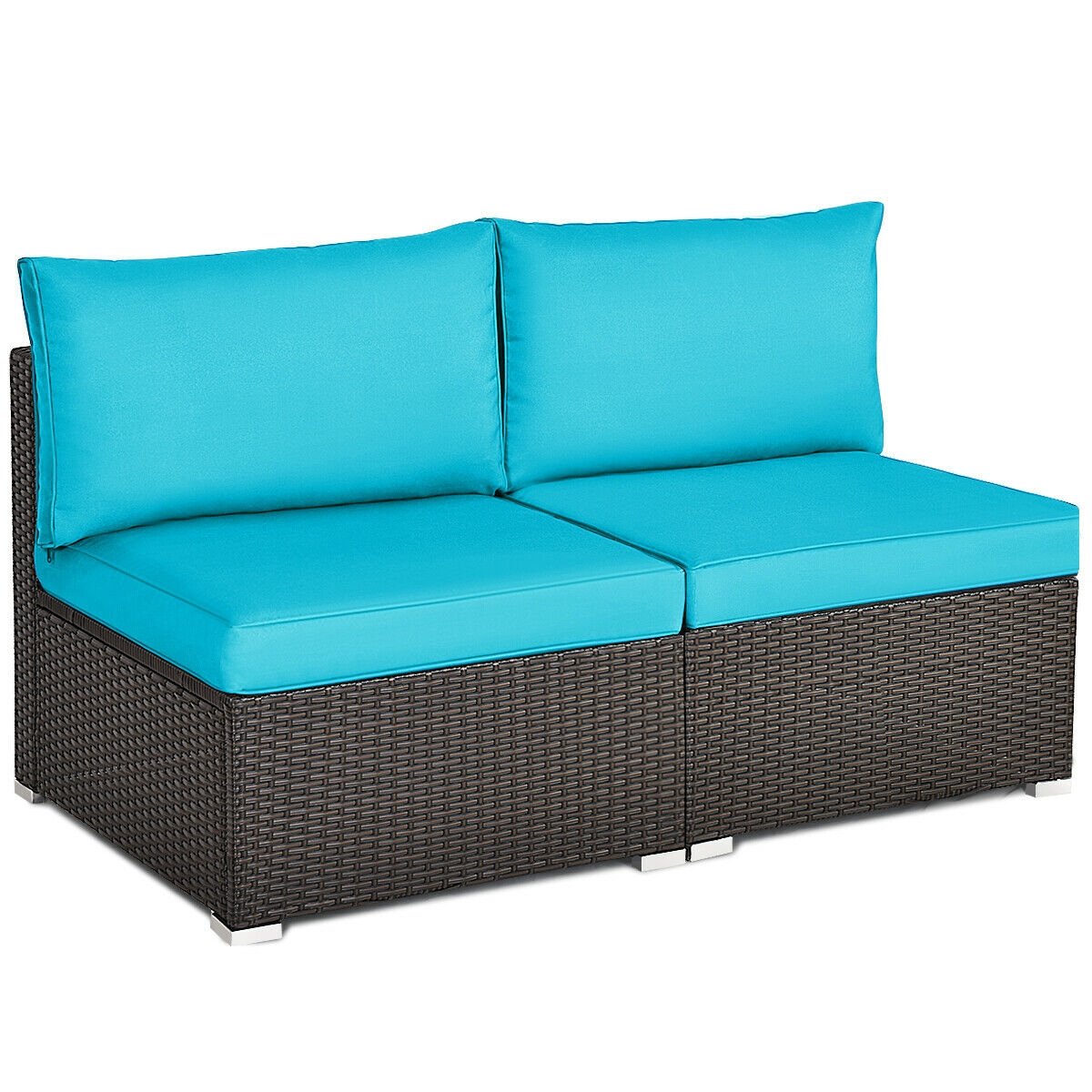 2 Piece Armless Patio Rattan Sofa Set, Add On Sectional Middles with Thick Seat and Back Cushions, Turquoise Blue