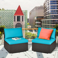 2 Piece Armless Patio Rattan Sofa Set, Add On Sectional Middles with Thick Seat and Back Cushions, Turquoise Blue