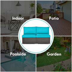2 Piece Armless Patio Rattan Sofa Set, Add On Sectional Middles with Thick Seat and Back Cushions, Turquoise Blue