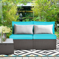 2 Piece Armless Patio Rattan Sofa Set, Add On Sectional Middles with Thick Seat and Back Cushions, Turquoise Blue