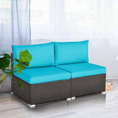 2 Piece Armless Patio Rattan Sofa Set, Add On Sectional Middles with Thick Seat and Back Cushions, Turquoise Blue