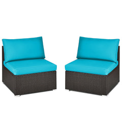 2 Piece Armless Patio Rattan Sofa Set, Add On Sectional Middles with Thick Seat and Back Cushions, Turquoise Blue