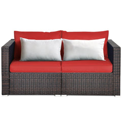 2 Piece Patio Rattan Corner Sofa Set, Left and Right Sectional Chairs with 4 Cushions, Red