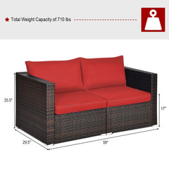2 Piece Patio Rattan Corner Sofa Set, Left and Right Sectional Chairs with 4 Cushions, Red