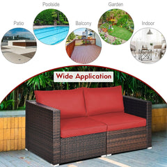 2 Piece Patio Rattan Corner Sofa Set, Left and Right Sectional Chairs with 4 Cushions, Red