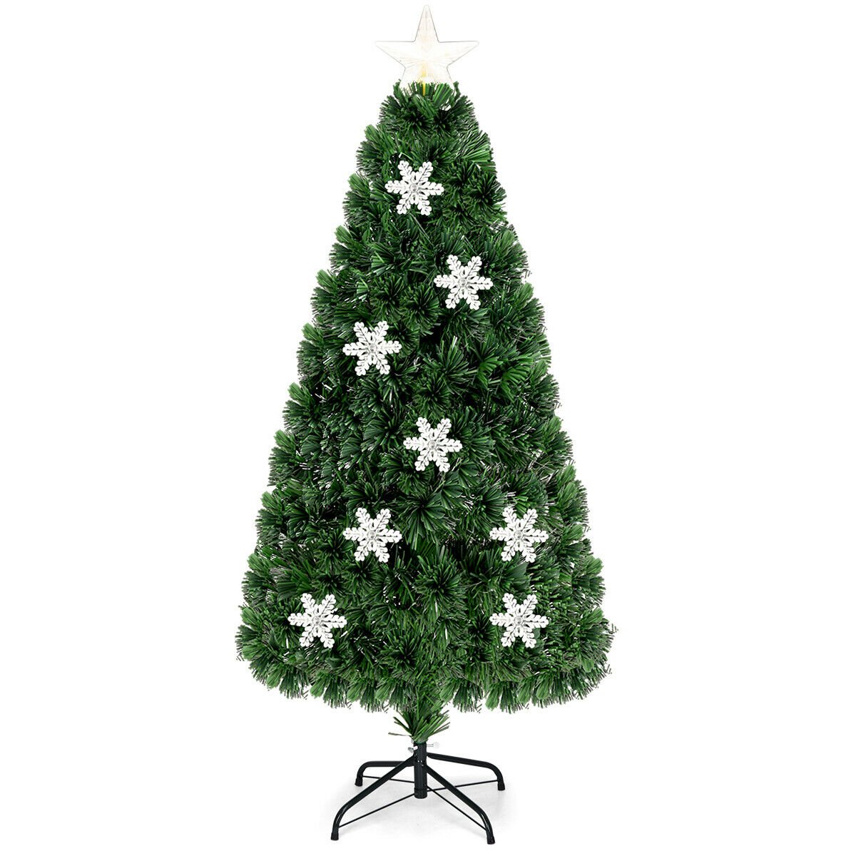 5 FT Fibre Optic Christmas Tree with 170 Tips, 21 LEDs, Lit Snowflakes and Metal Stand