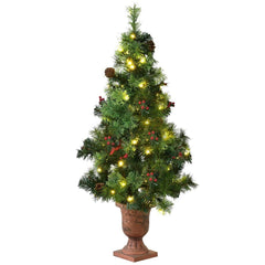 4 FT Pre-Lit Entrance Christmas Tree in Decorative Urn with Red Berries and Frosted Pine Cones