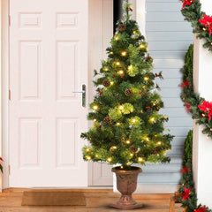4 FT Pre-Lit Entrance Christmas Tree in Decorative Urn with Red Berries and Frosted Pine Cones