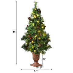 4 FT Pre-Lit Entrance Christmas Tree in Decorative Urn with Red Berries and Frosted Pine Cones